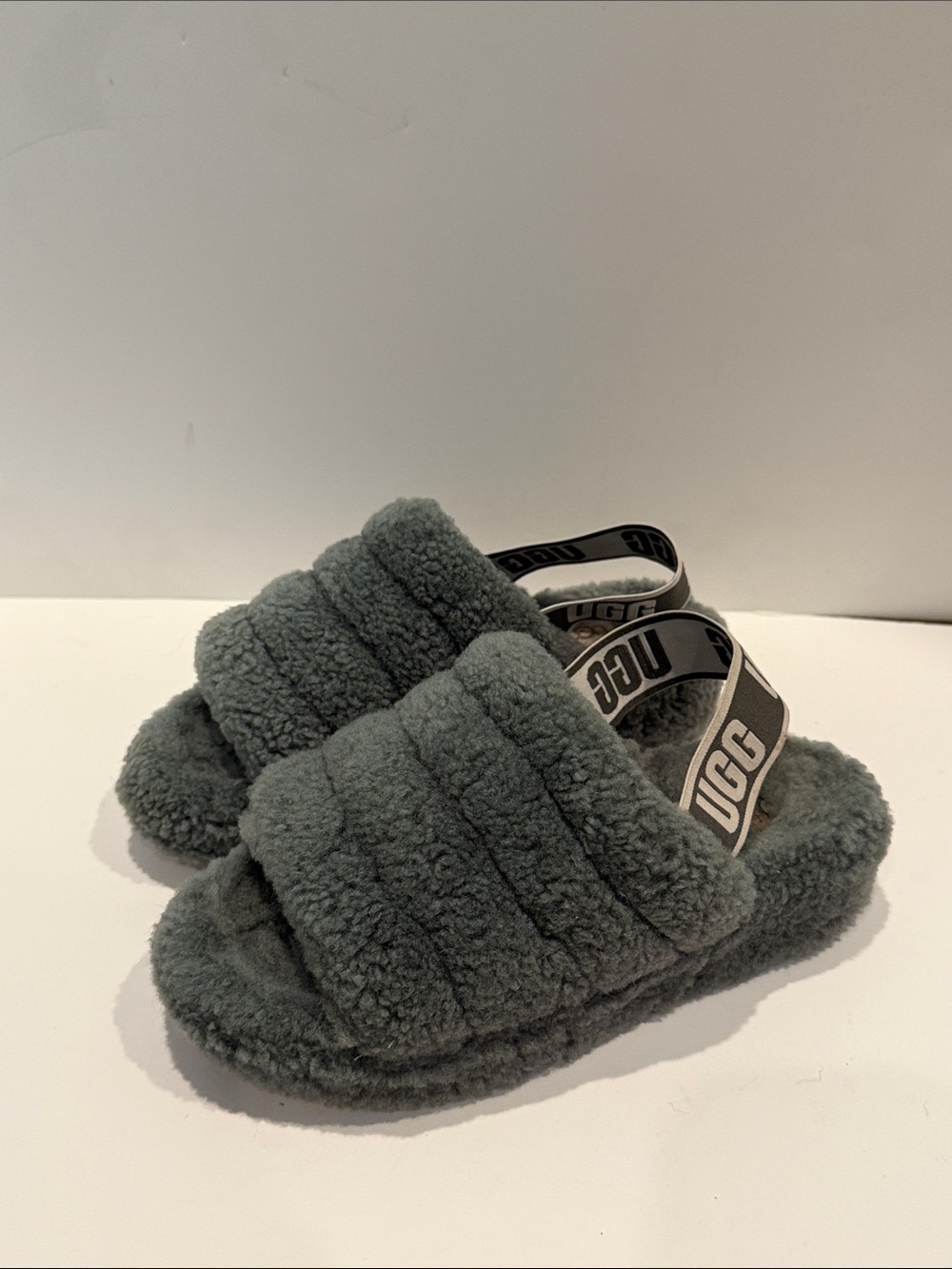 UGG Charcoal Fluff Yeah Cozy Slippers Slides with Branded Slingback sz 3 5 women